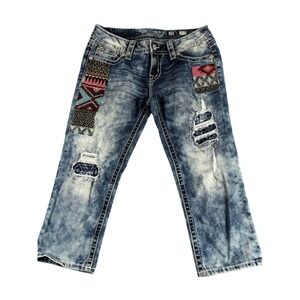 Miss Me Signature‎ Cuff Capri Jeans Women's 28 Blue Denim Distressed Embroidered